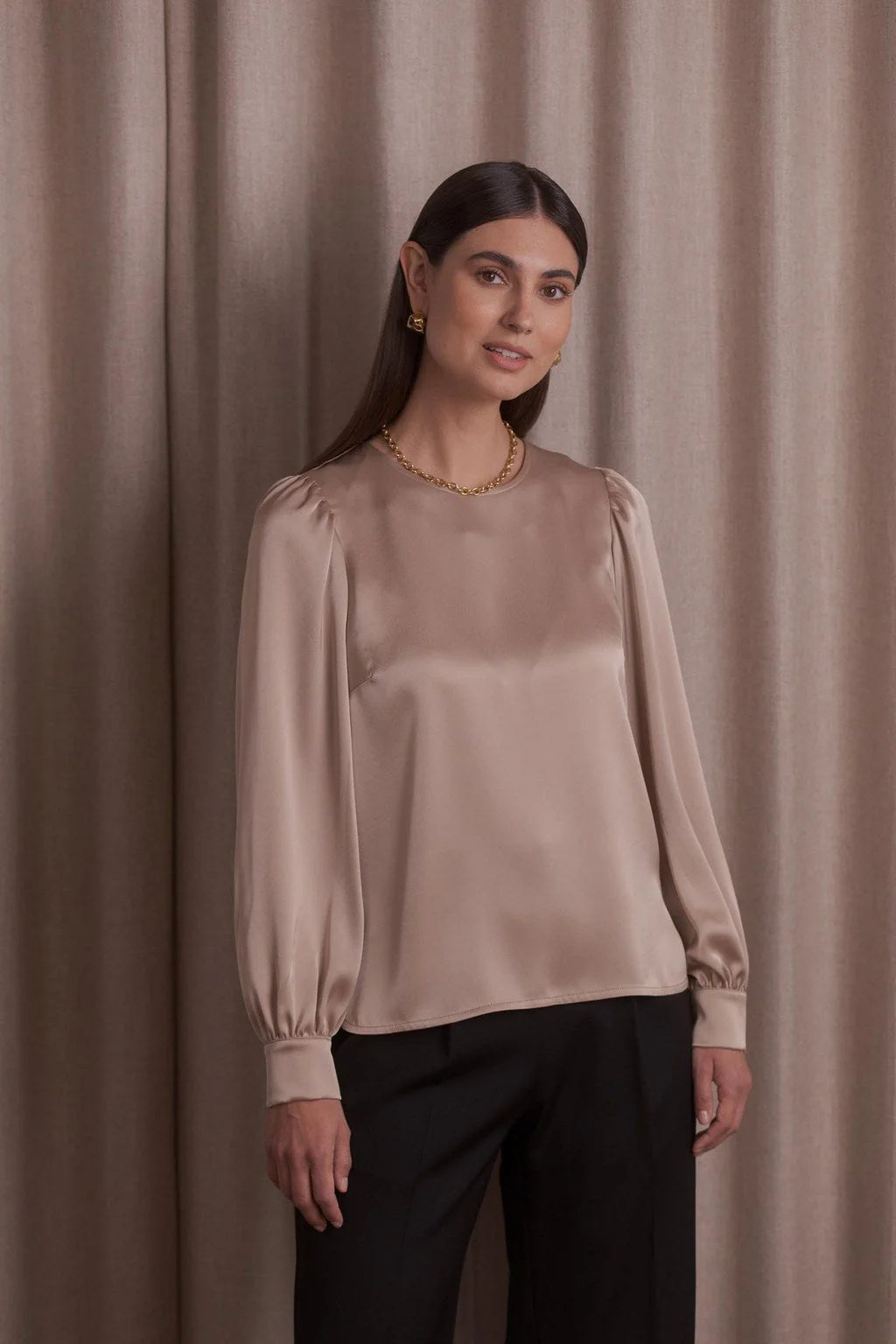 Latte satin blouse with puff sleeves, front view