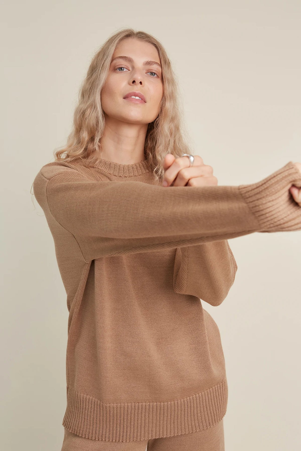 Merino wool crew neck sweater, front view