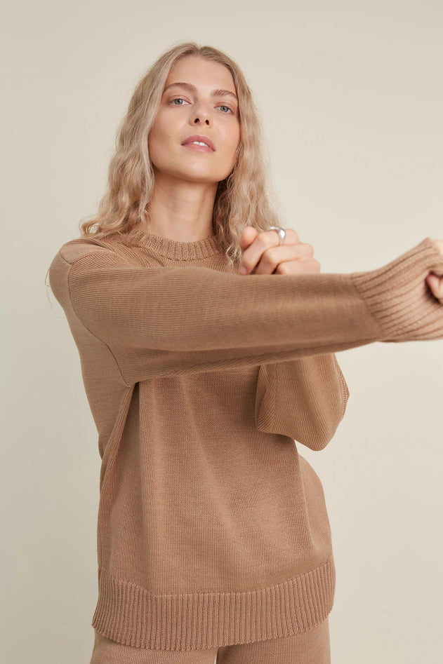 Merino wool crew neck sweater, front view