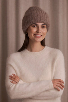 Brown chunky mohair beanie, front view