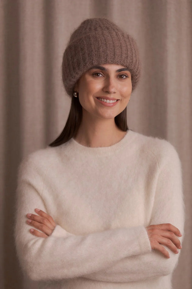 Brown chunky mohair beanie, front view