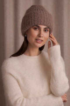 Original Story brown chunky mohair beanie, side view