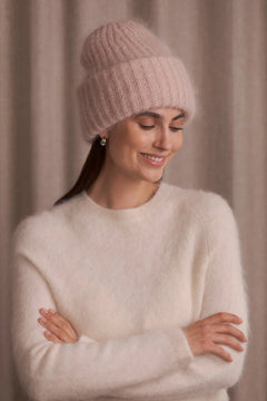 Light pink chunky mohair beanie, front view
