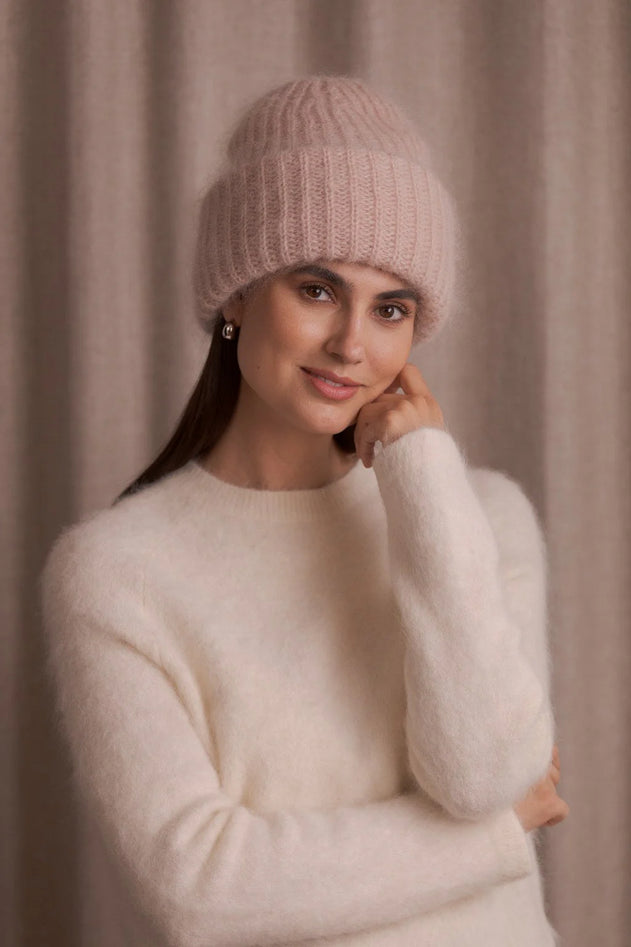 Original Story light pink chunky mohair beanie, side view