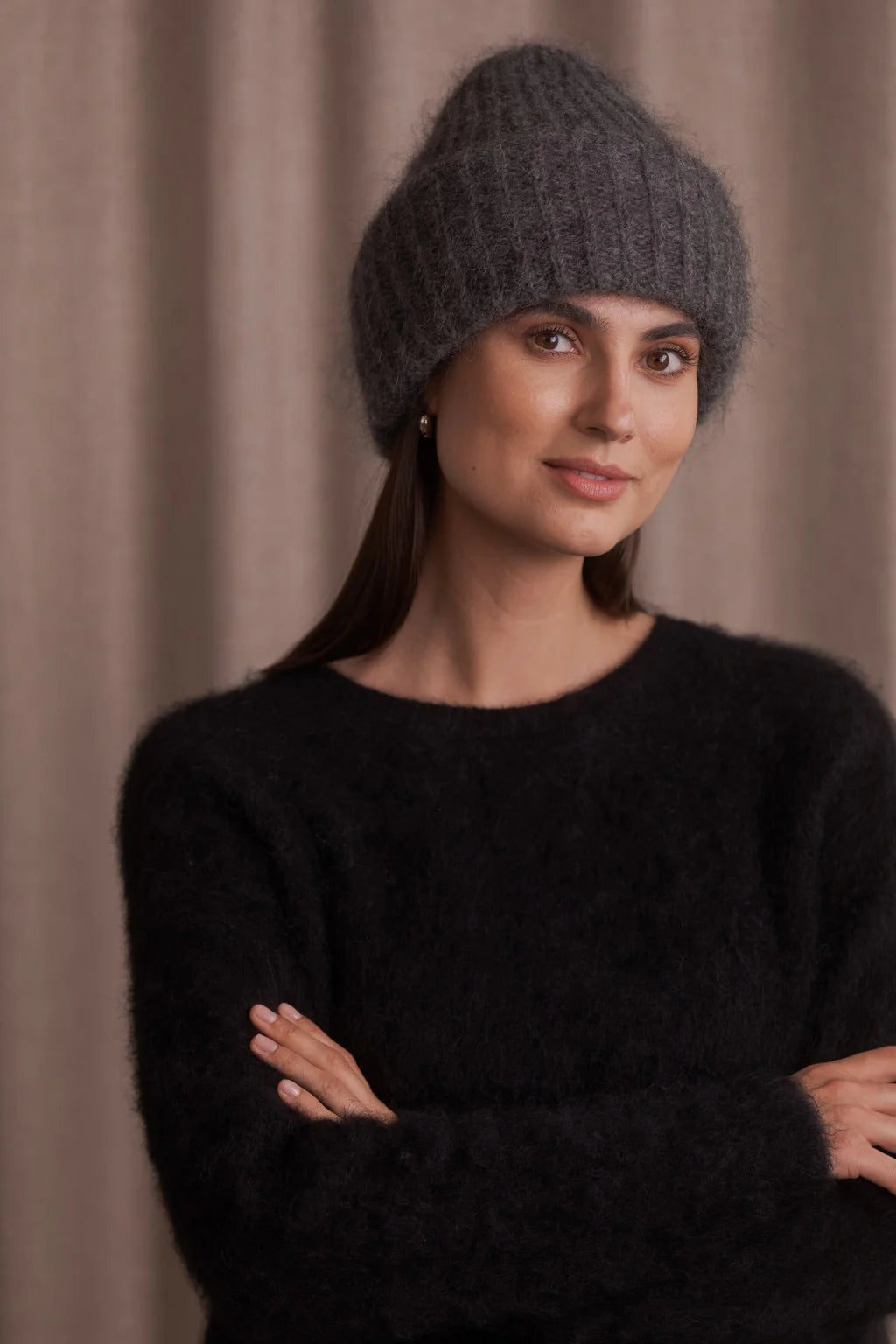 Dark grey melange mohair beanie, front view