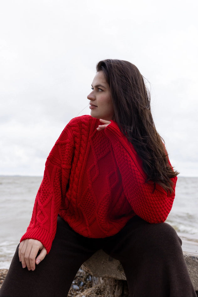 Red merino wool sweater, front view