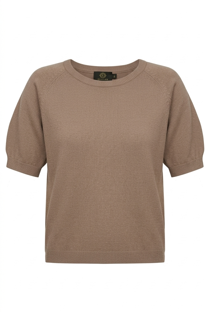 Taupe viscose knit blouse, front view