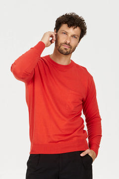 Red organic cotton pocket sweater, front view