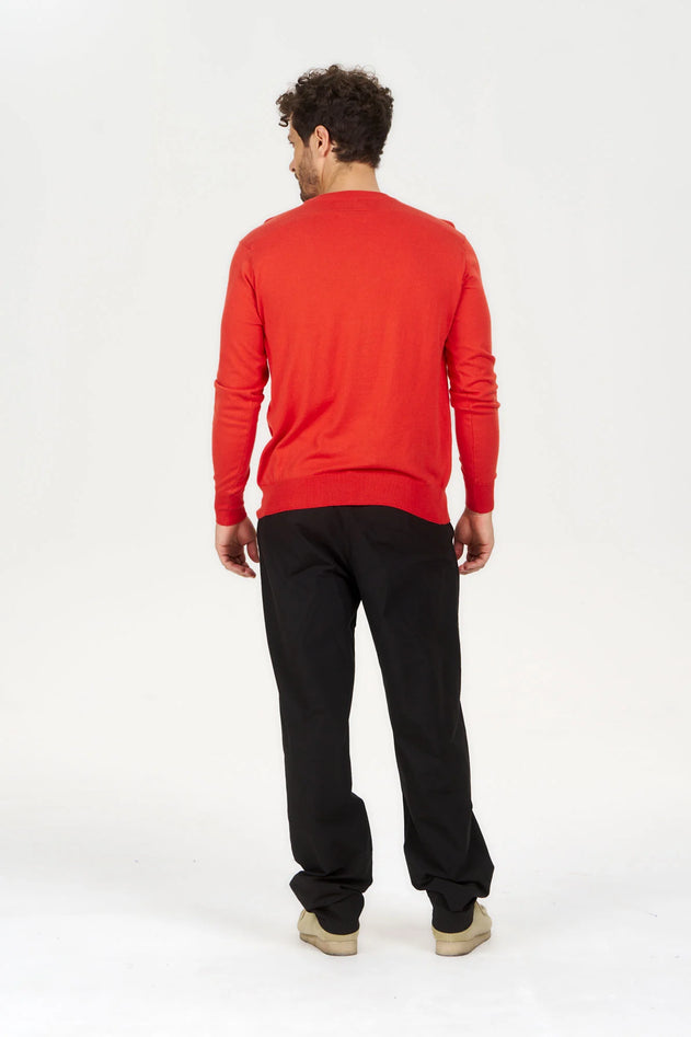 Komodo Red organic cotton pocket sweater, back view