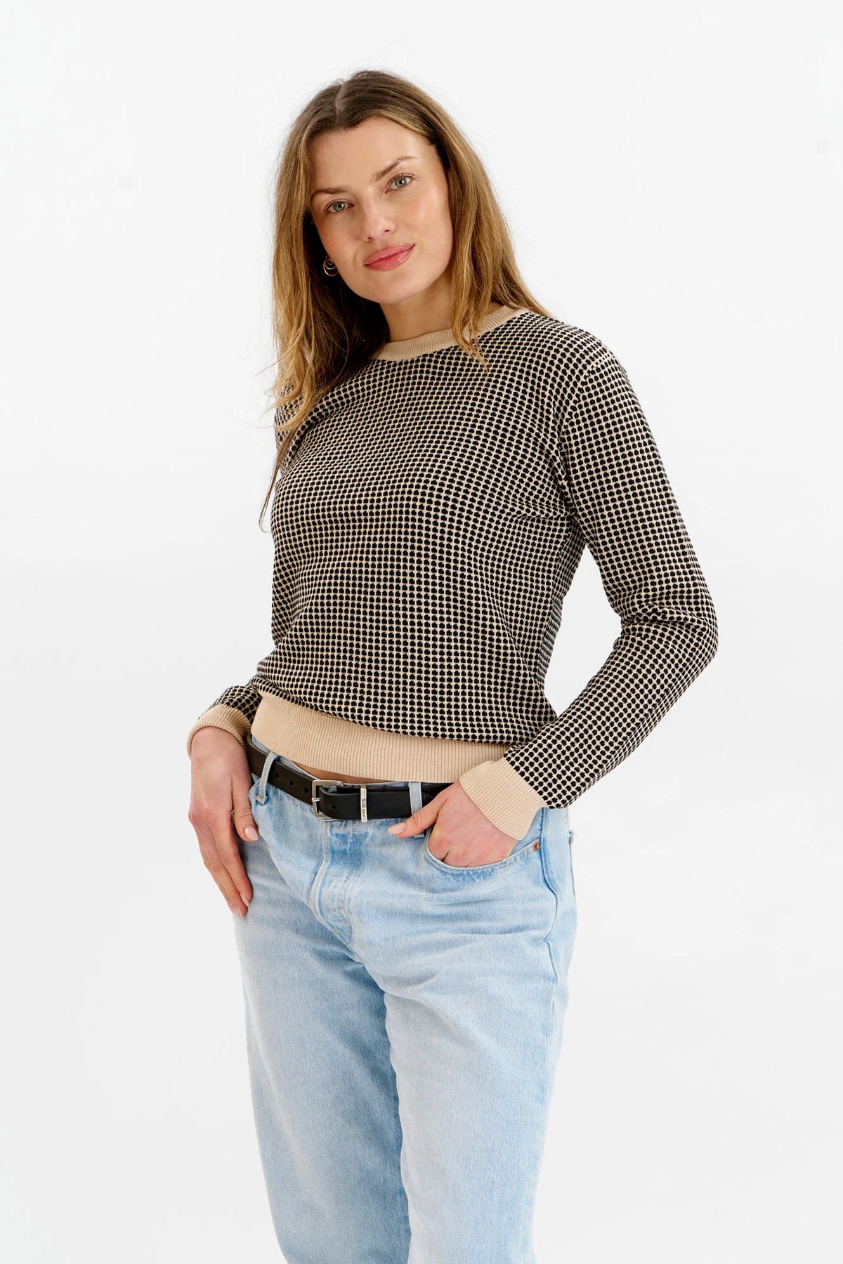 Cream and black jacquard organic cotton sweater, front view