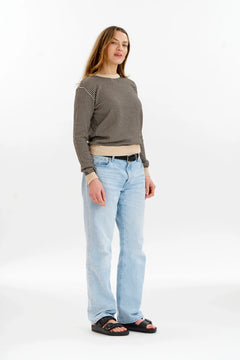 Woman wearing Komodo cream and black jacquard sweater