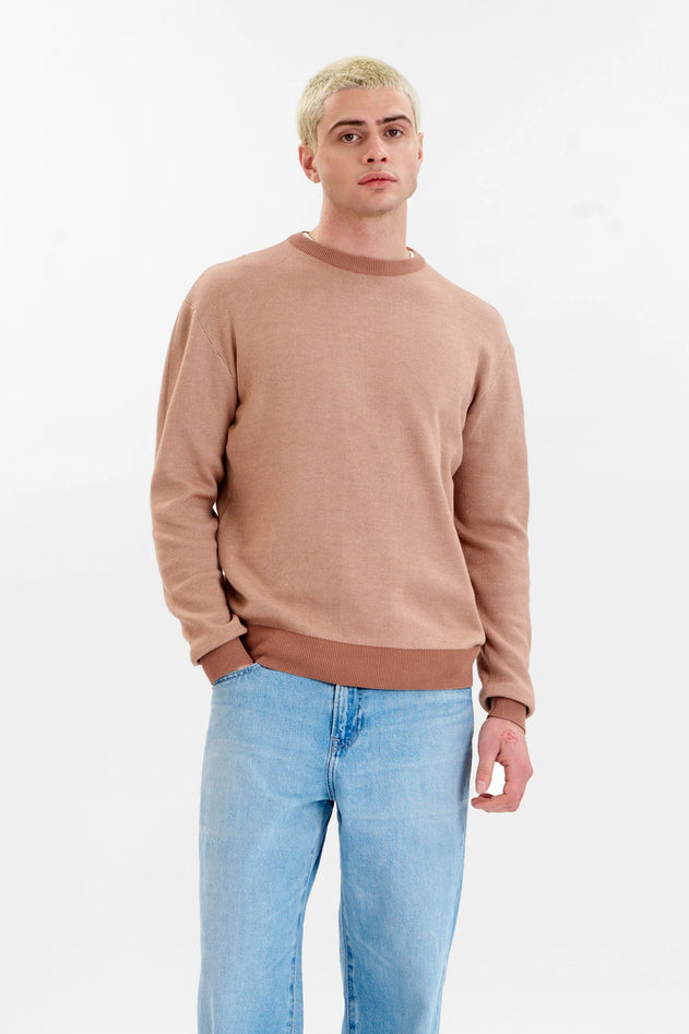 Coffee brown jacquard organic cotton sweater, front view