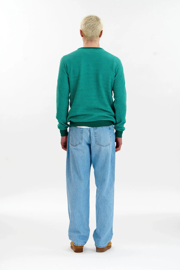 Komodo Hasan green organic cotton jacquard sweater, back view