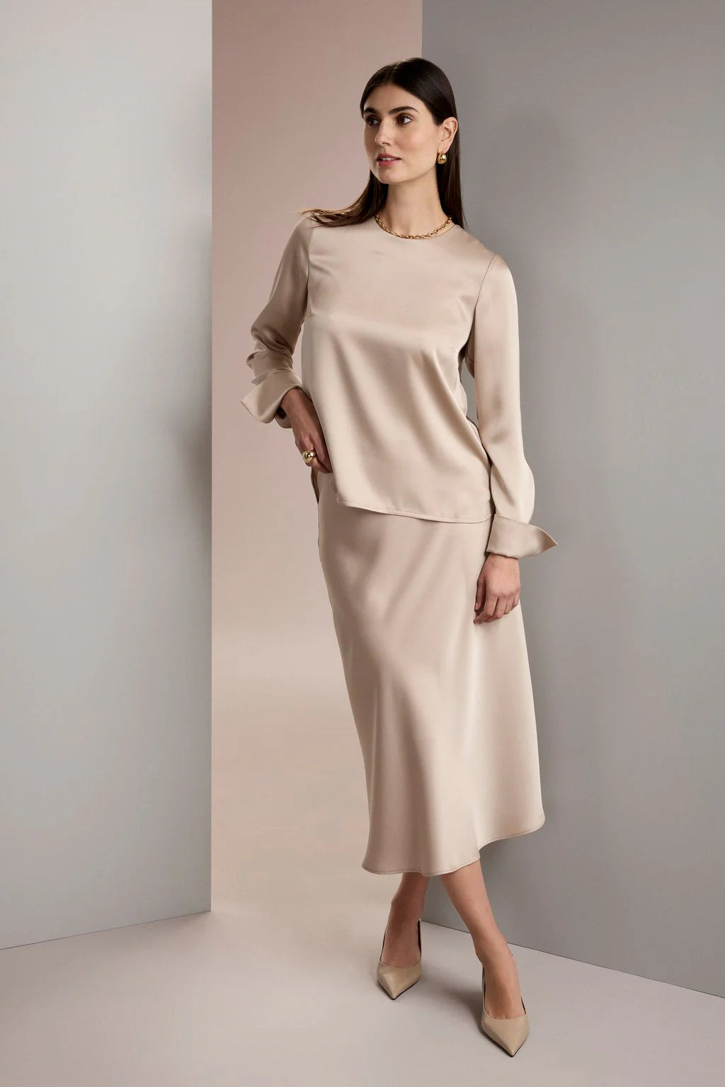 Latte long sleeve satin blouse, front view