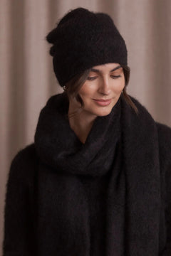 Black alpaca blend ribbed beanie, front view