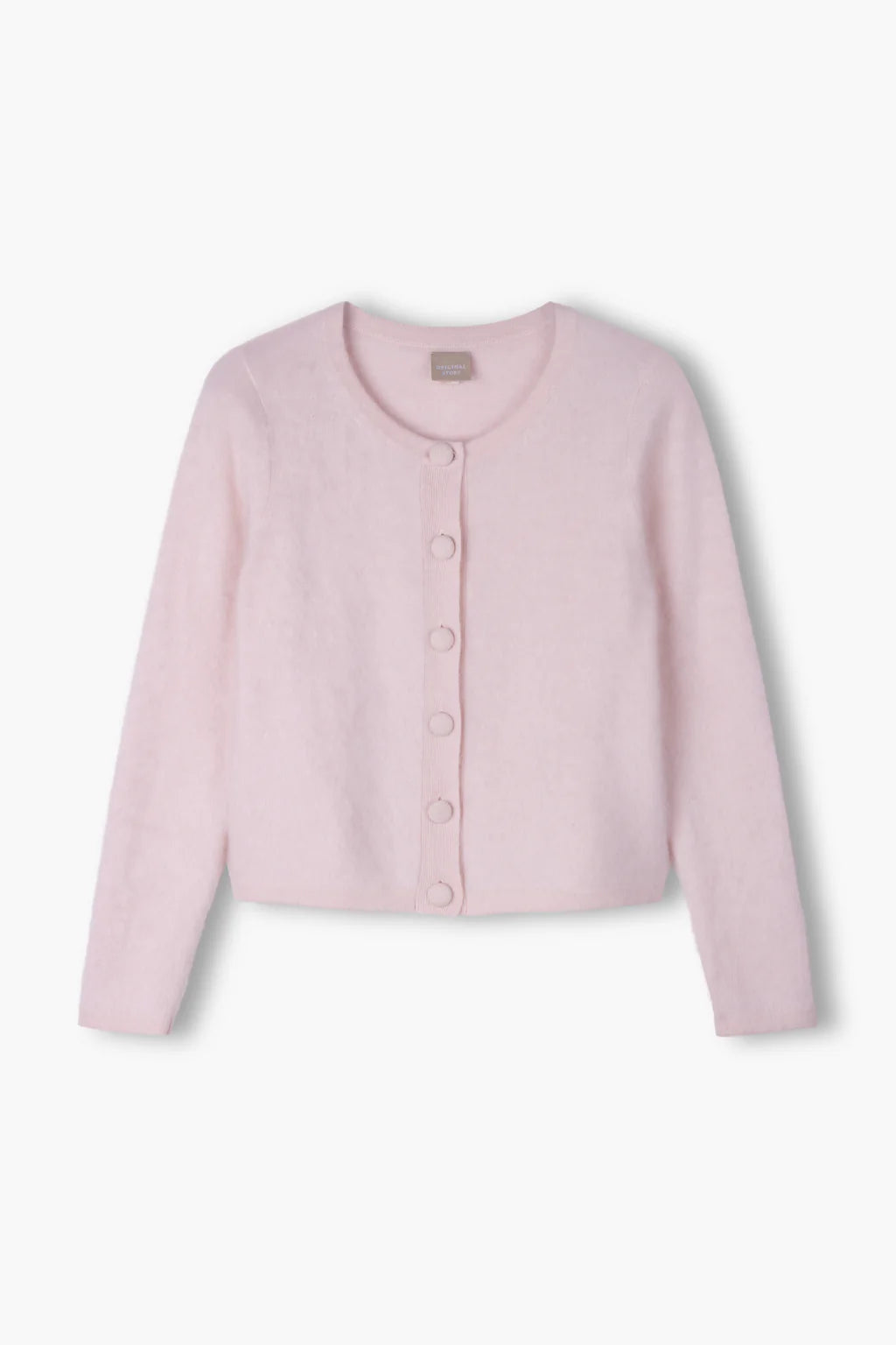 Pale pink cashmere round-neck cardigan, back view