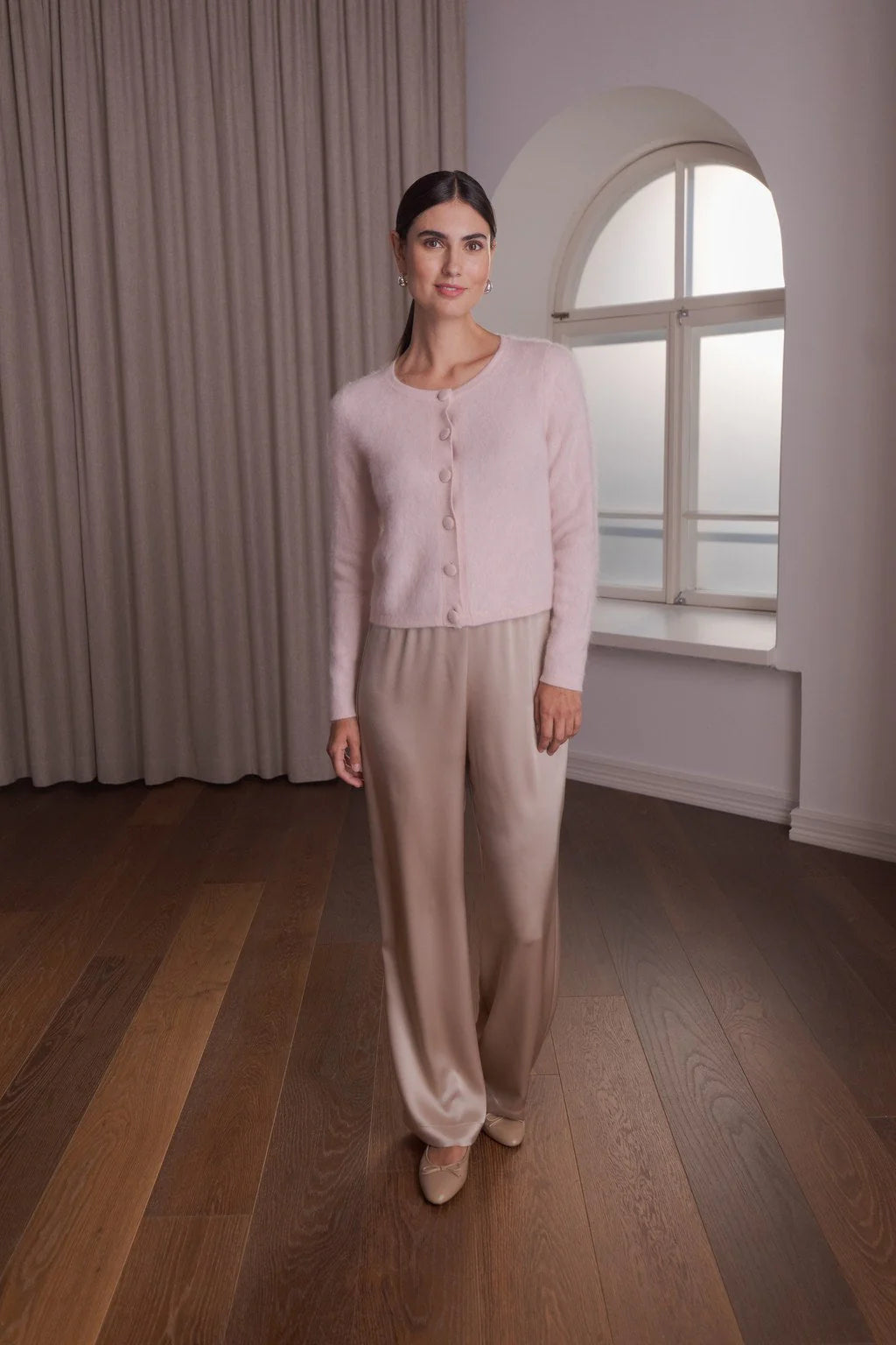 Pale pink cashmere round-neck cardigan, front view