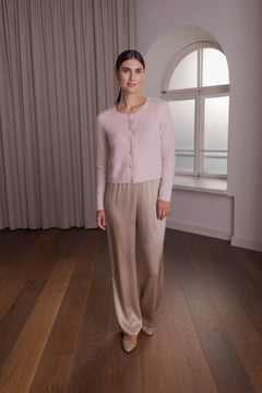 Pale pink cashmere round-neck cardigan, front view