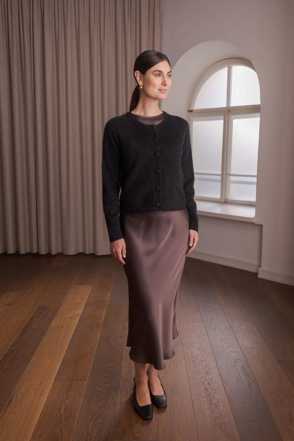 Black cashmere button cardigan, front view