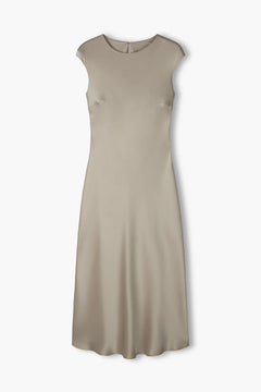 Original Story latte satin dress, back view