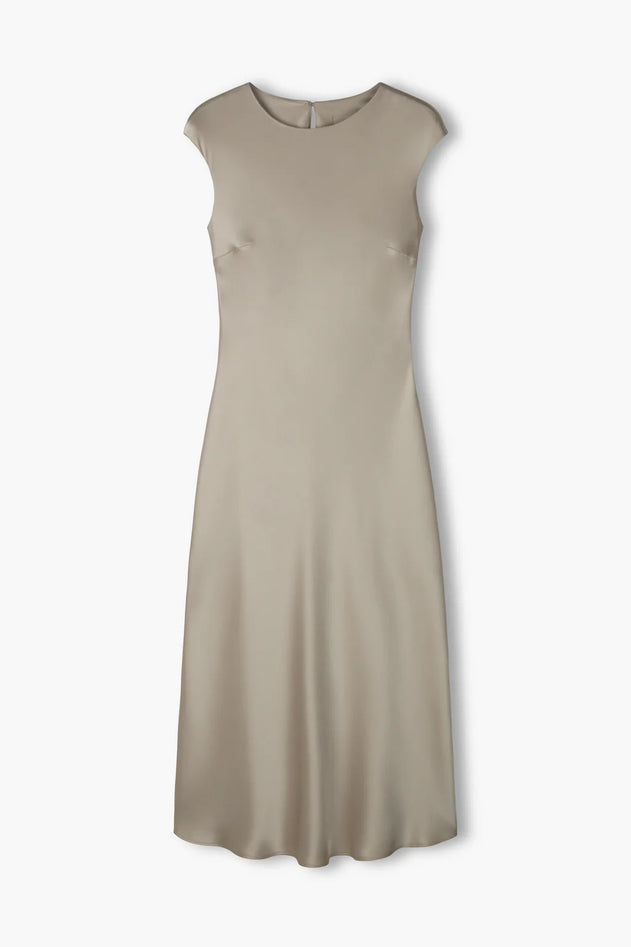Original Story latte satin dress, back view
