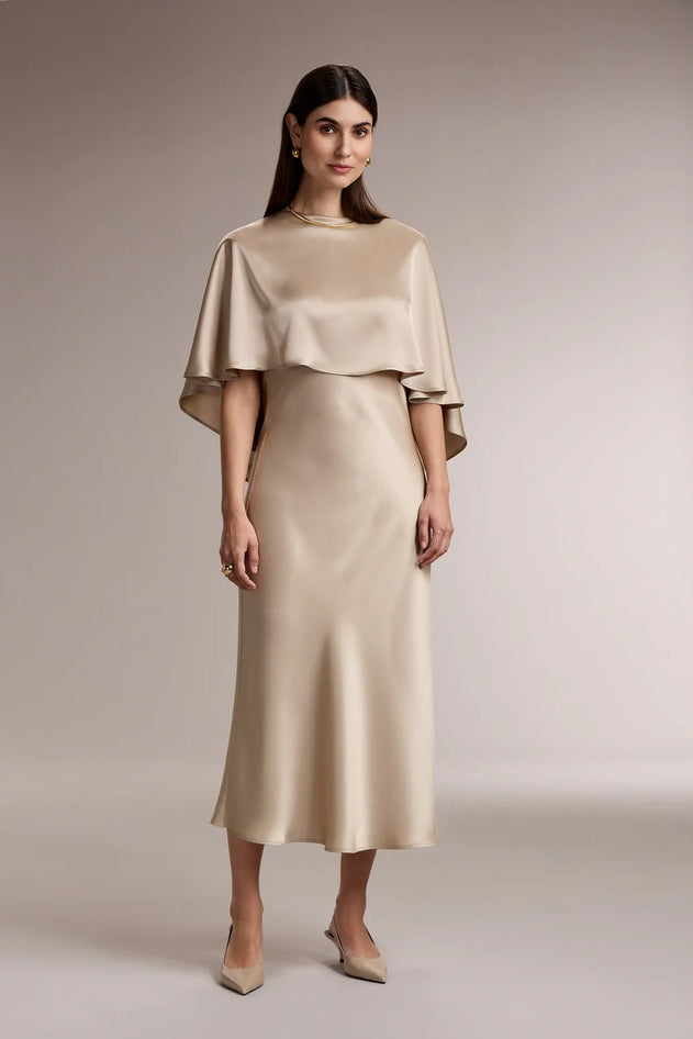 Latte satin cape top, front view