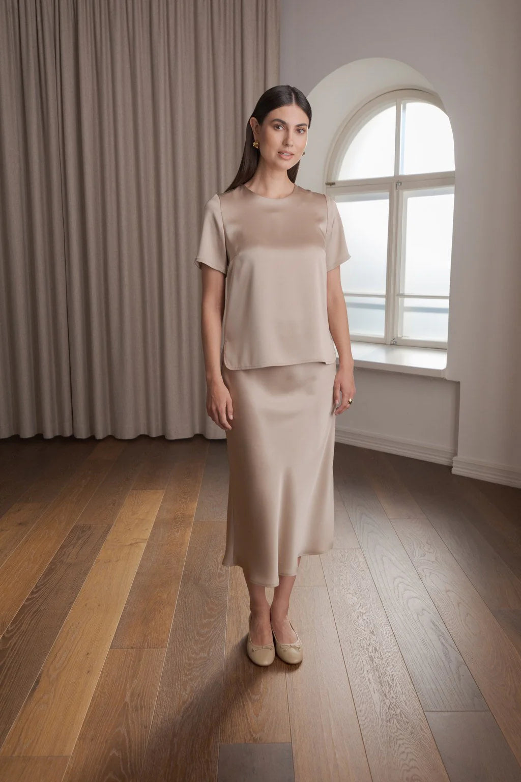 Latte beige satin short sleeve blouse, front view