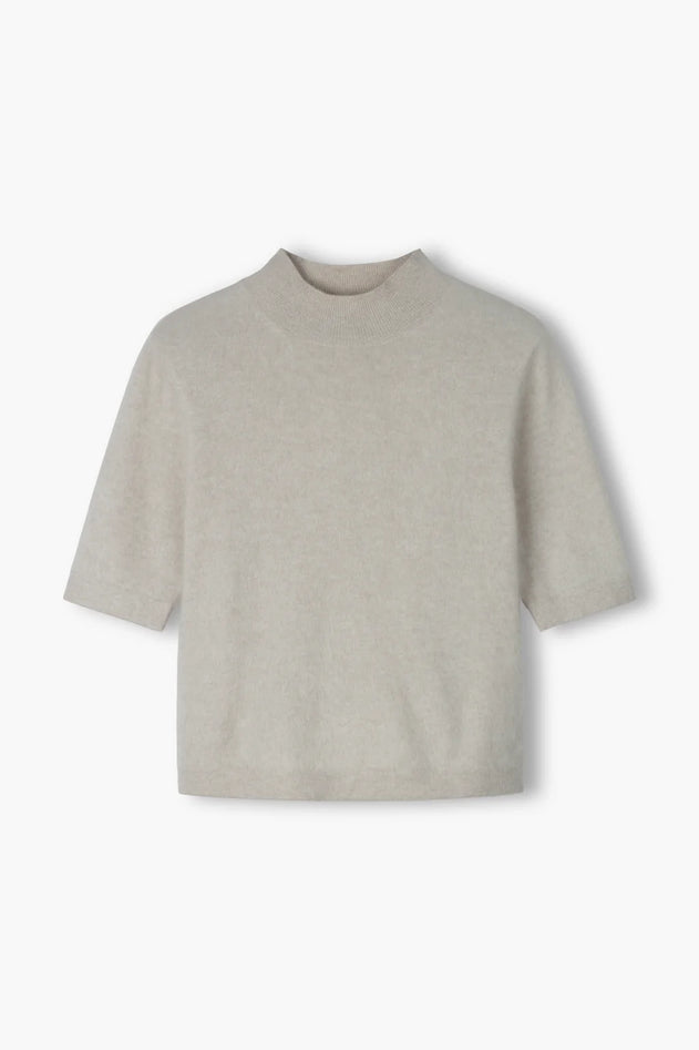 Latte cashmere half-turtleneck sweater, back view