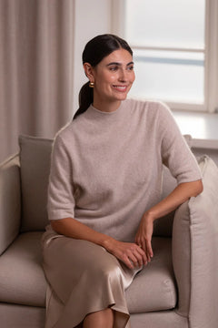 Latte cashmere half-turtleneck sweater, detail view