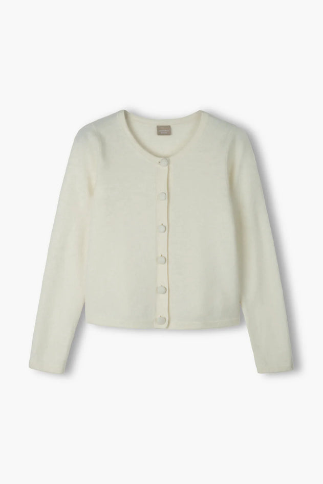 Cream cashmere button cardigan, back view