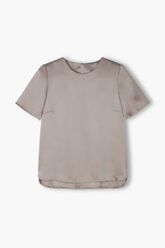 Original Story nougat satin blouse, back button detail