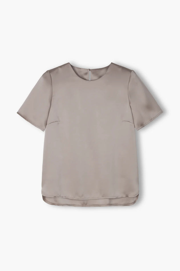 Original Story nougat satin blouse, back button detail