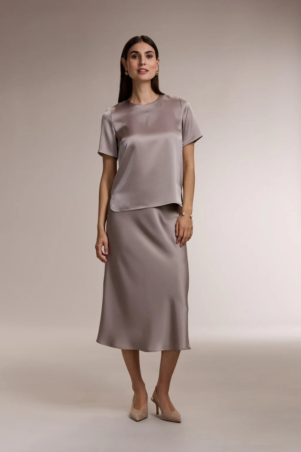 Nougat satin short sleeve blouse, front view