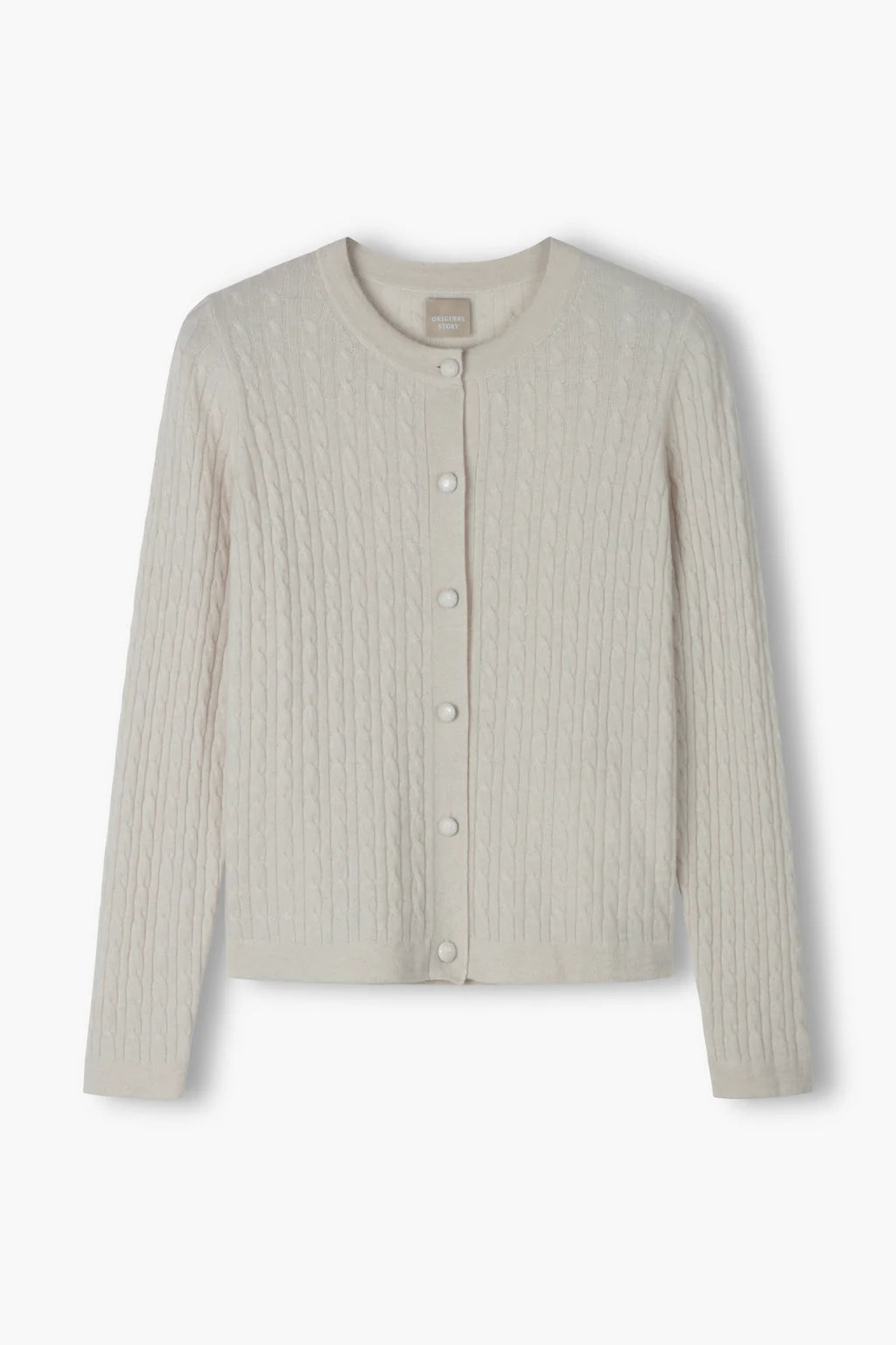 Latte cashmere cable knit cardigan, back view