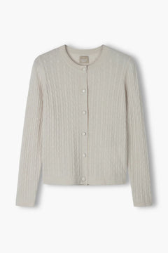Latte cashmere cable knit cardigan, back view