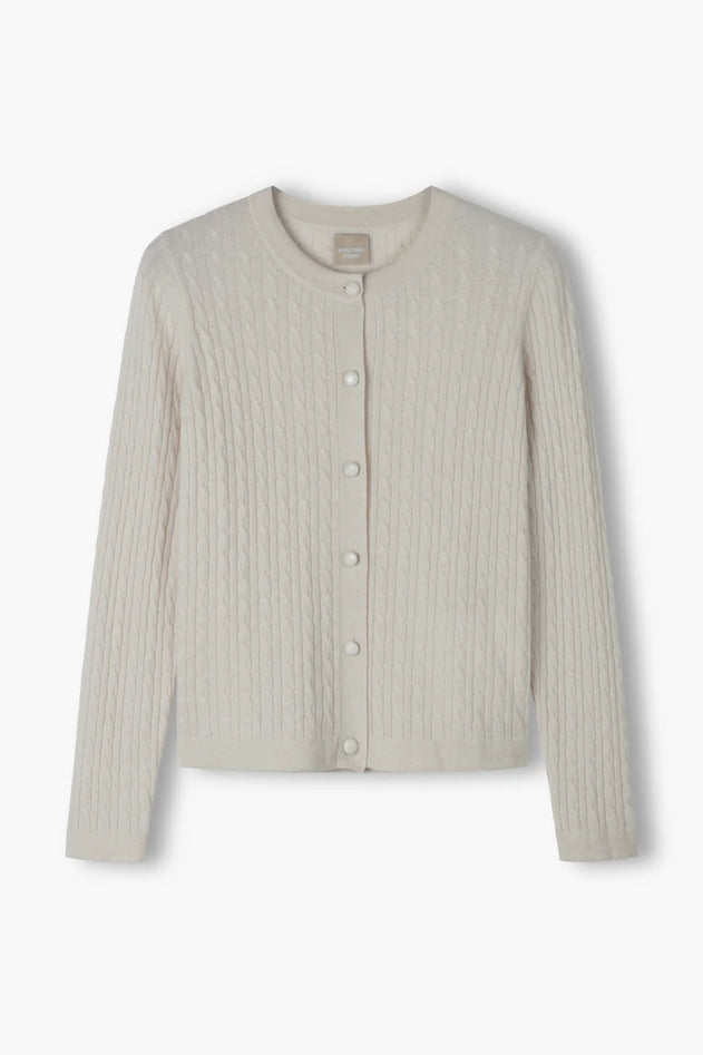 Latte cashmere cable knit cardigan, back view