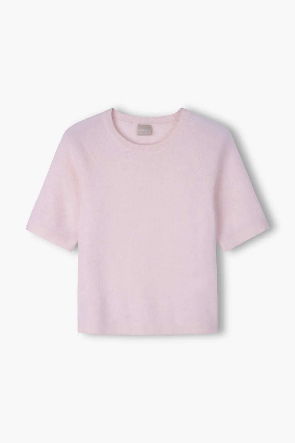 Pale pink brushed cashmere crew neck sweater, back view