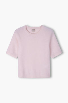 Pale pink brushed cashmere crew neck sweater, back view