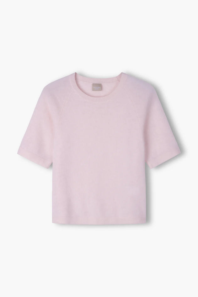 Pale pink brushed cashmere crew neck sweater, back view