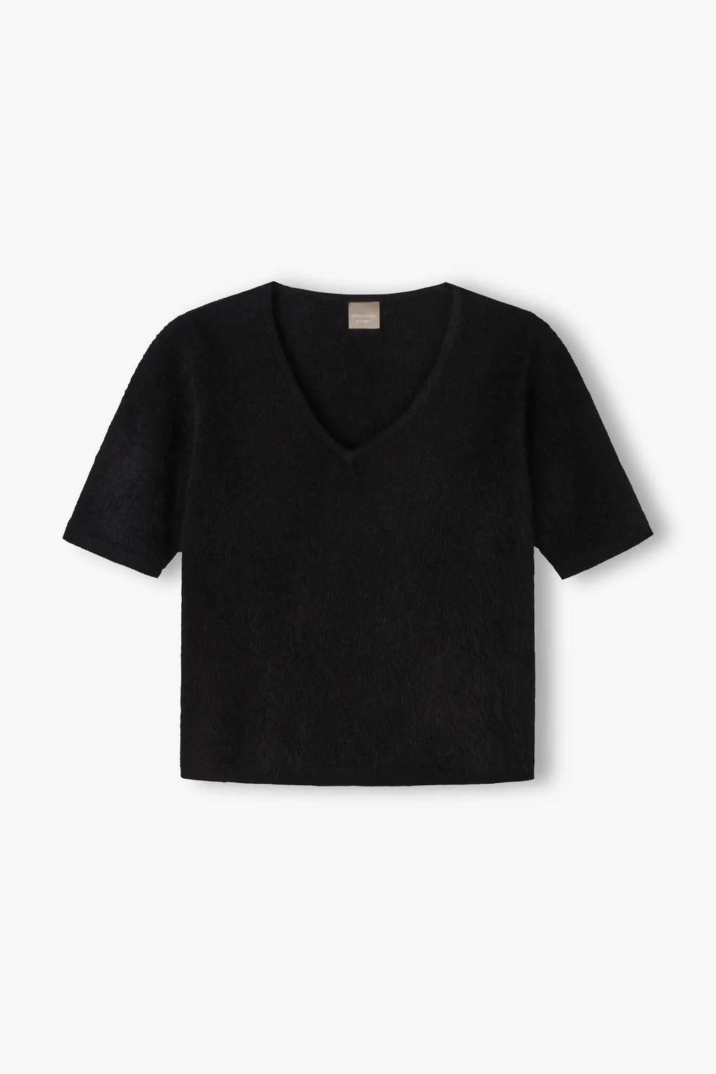 Black cashmere V-neck sweater, back view