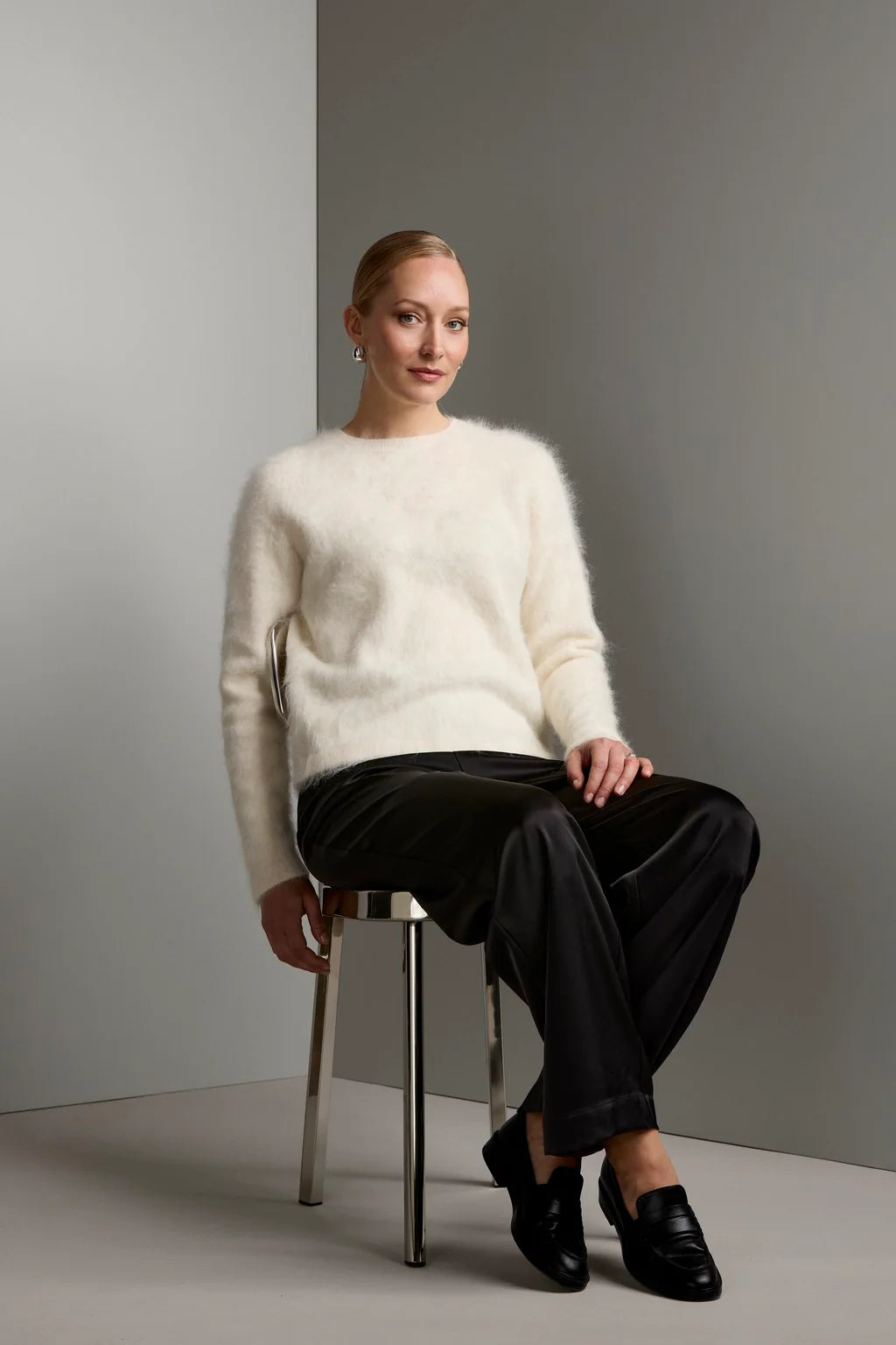 Cream alpaca blend long-sleeve sweater, front view