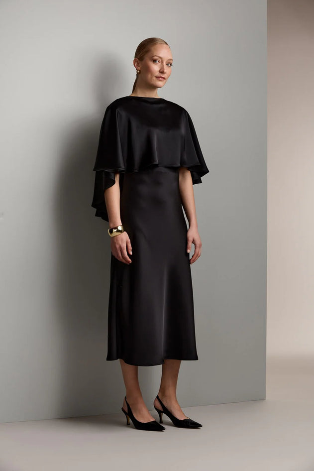 Black satin cape top, front view