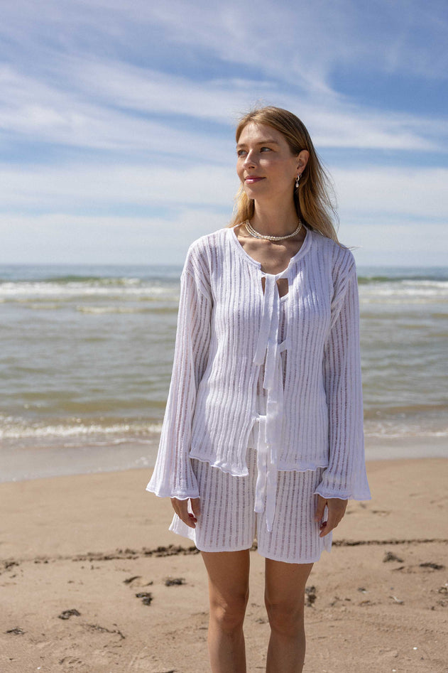 White linen cardigan, front view