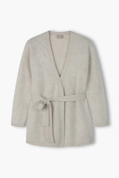 Latte beige belted cashmere cardigan, back view