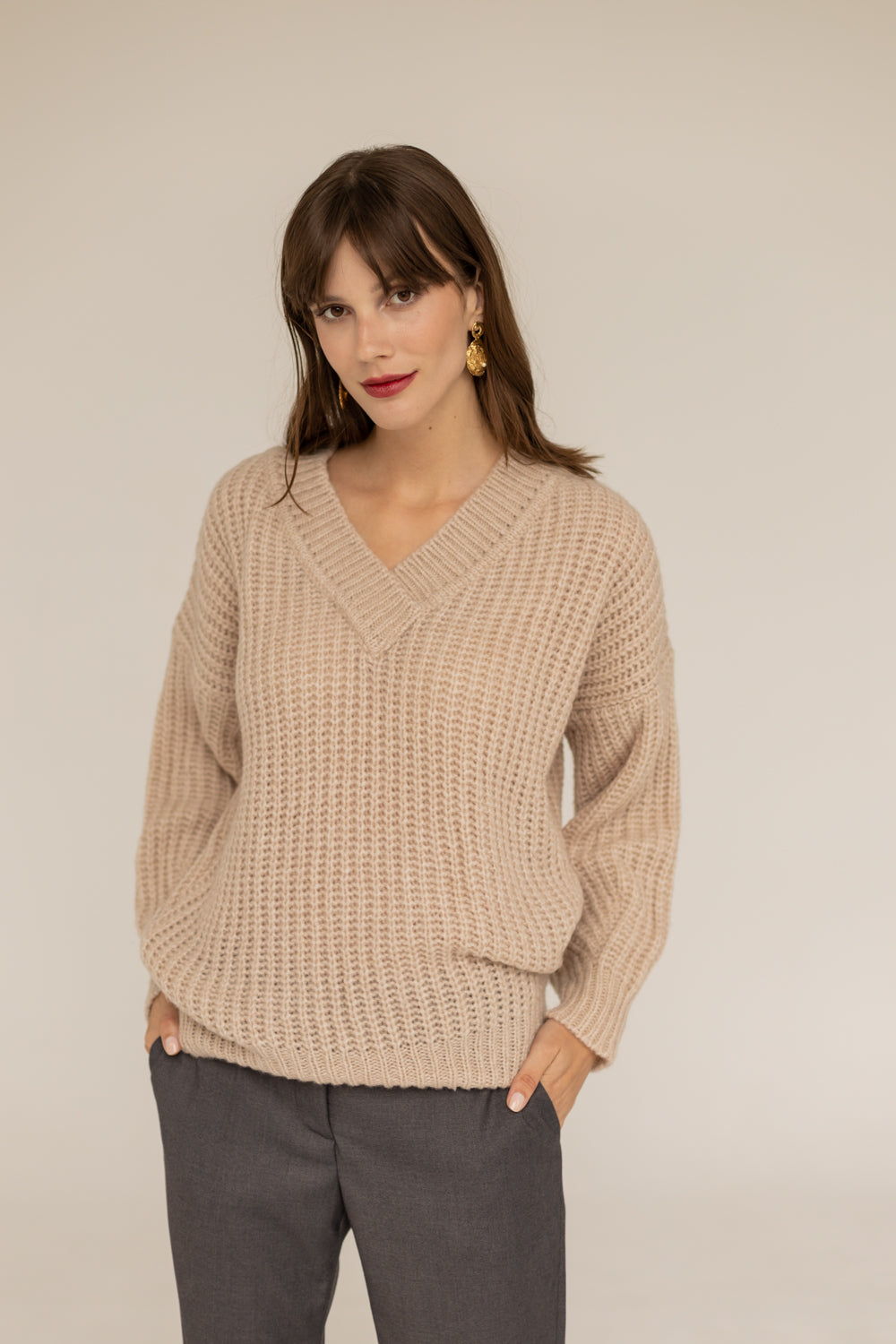 Beige merino wool oversized sweater, front view