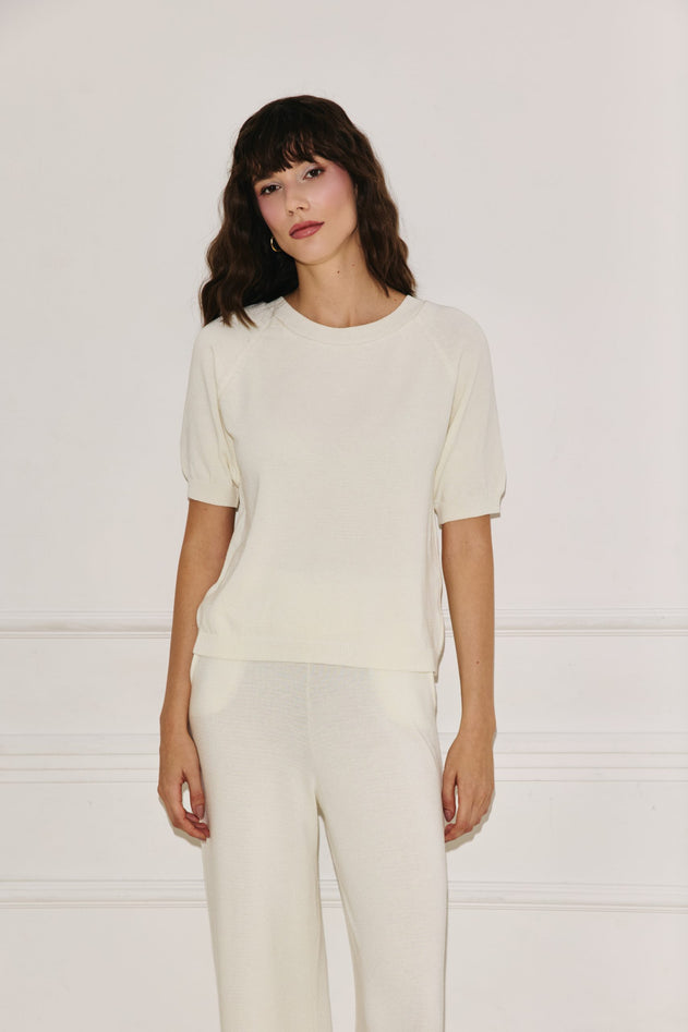 Ecru viscose short sleeve knit top, front view