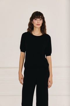 Black viscose short sleeve knit top, front view