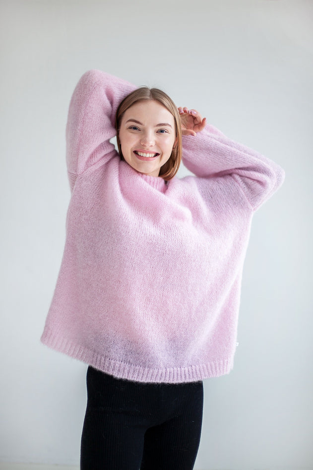 Pink mohair sweater, side view