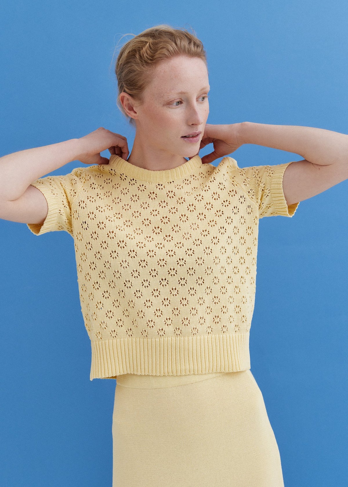 Yellow knitted cotton lace top, front view
