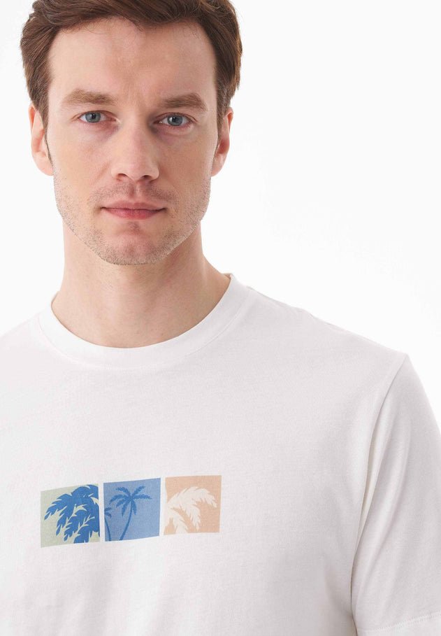 Men's Palm Tree Print Organic Cotton T-Shirt Off White